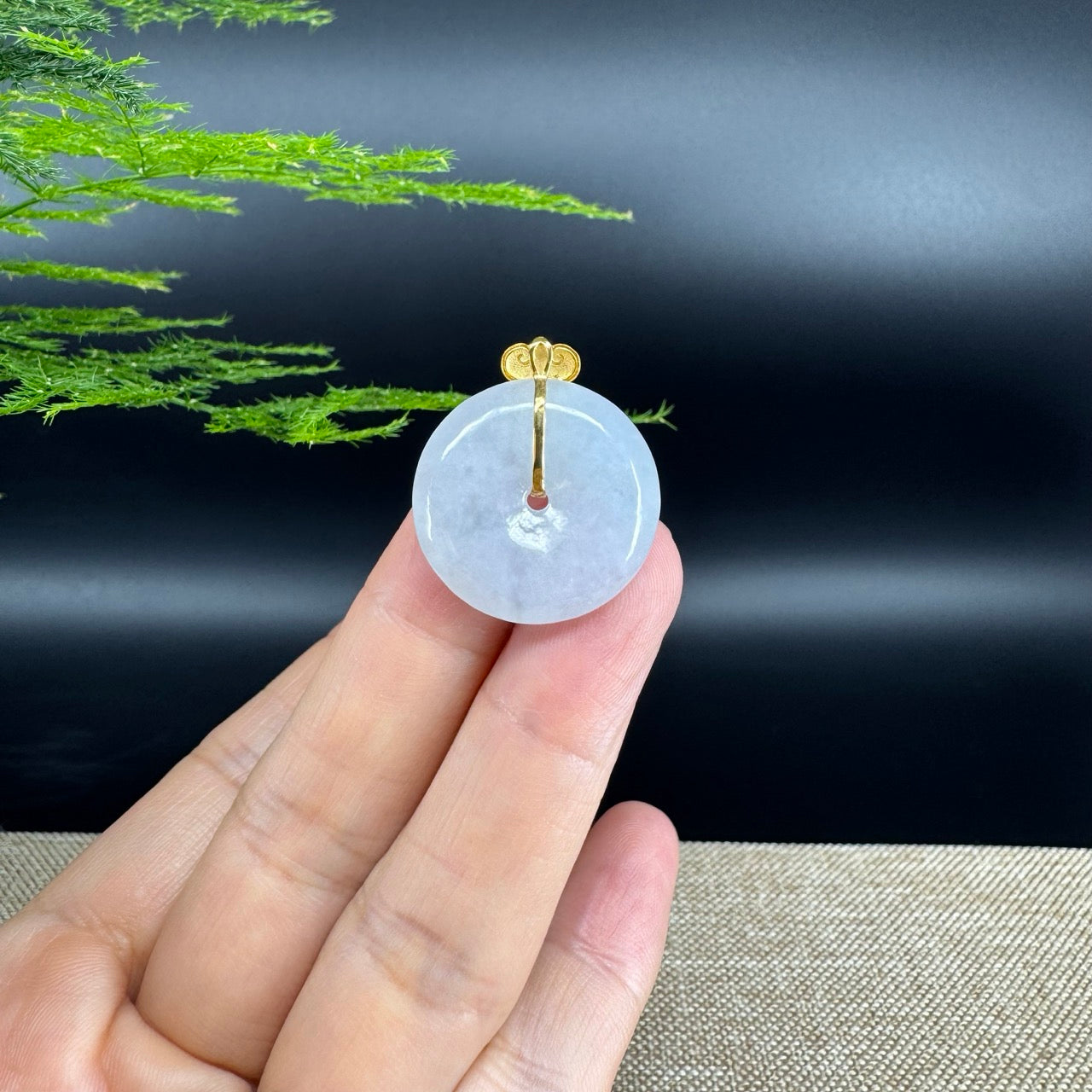 "Good Luck Button" Ice Jadeite Jade Lucky KouKou Pendant With 18K Yellow Gold Bail