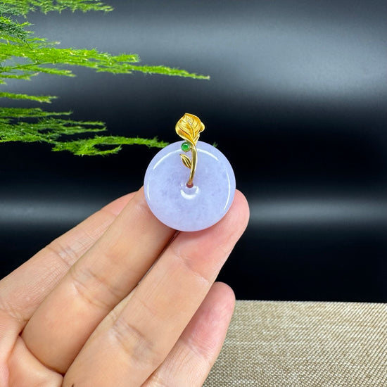 "Good Luck Button" Lavender Jadeite Jade Lucky KouKou Pendant With 18K Yellow Gold  Bail