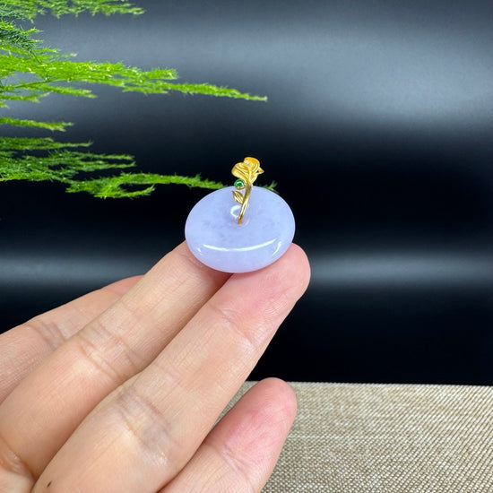 "Good Luck Button" Lavender Jadeite Jade Lucky KouKou Pendant With 18K Yellow Gold  Bail
