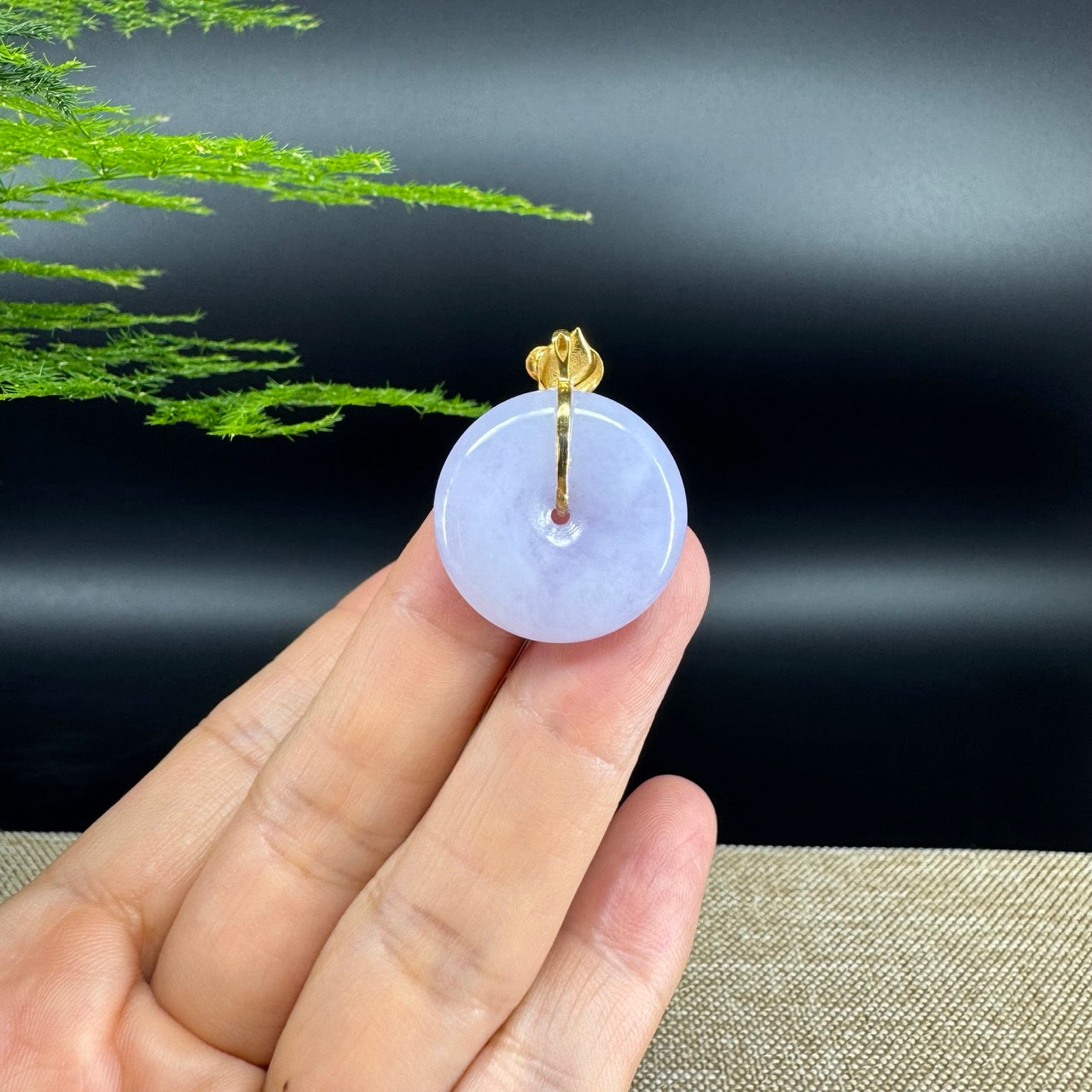 "Good Luck Button" Lavender Jadeite Jade Lucky KouKou Pendant With 18K Yellow Gold  Bail
