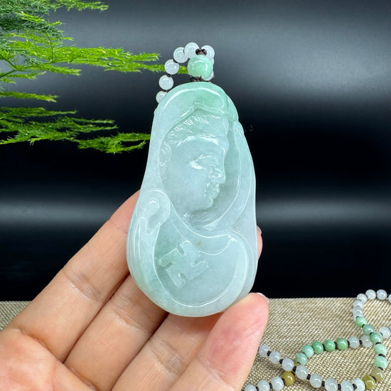 RealJade® Co.  Genuine Burmese Jadeite Jade White Green Guanyin Pendant Necklace