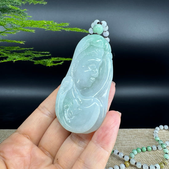 RealJade® Co.  Genuine Burmese Jadeite Jade White Green Guanyin Pendant Necklace