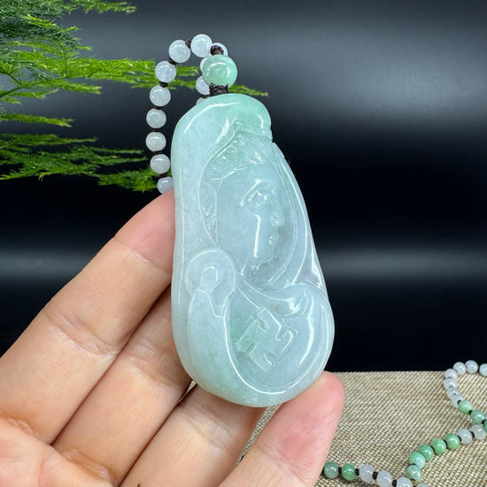 RealJade® Co.  Genuine Burmese Jadeite Jade White Green Guanyin Pendant Necklace