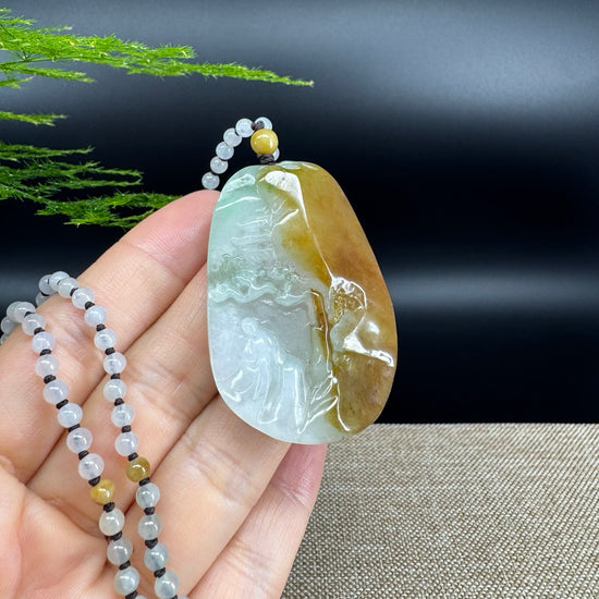 RealJade® Co.  Genuine Burmese Jadeite Jade Yellow Green Guanyin Pendant Necklace