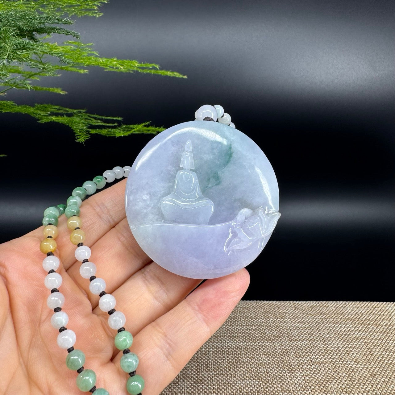 RealJade® Co. Genuine Burmese Jadeite Jade Lavender Green Guanyin Pendant Necklace