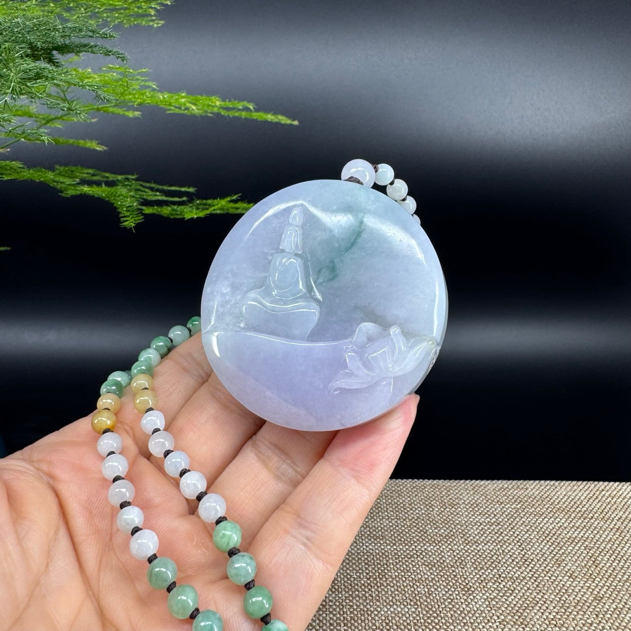 RealJade® Co. Genuine Burmese Jadeite Jade Lavender Green Guanyin Pendant Necklace
