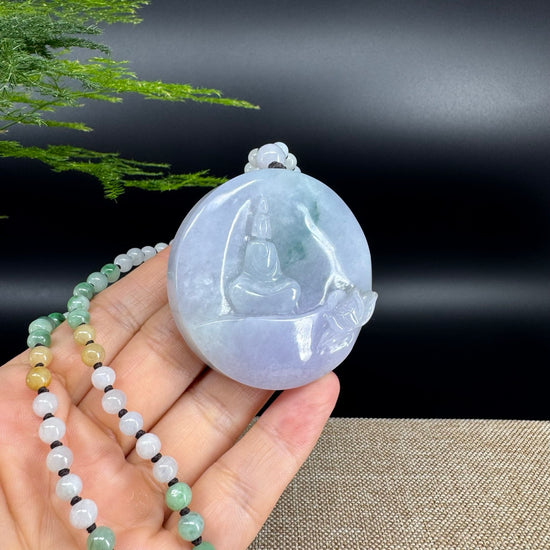 RealJade® Co. Genuine Burmese Jadeite Jade Lavender Green Guanyin Pendant Necklace