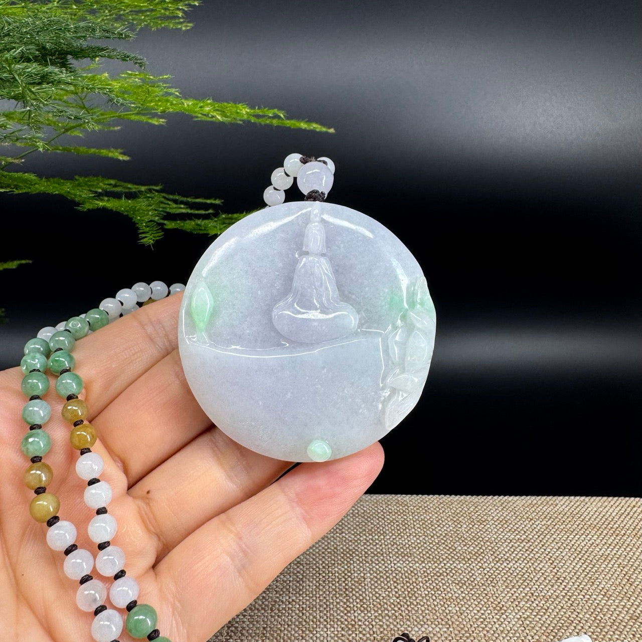 RealJade® Co. Genuine Burmese Jadeite Jade Lavender Green Guanyin Pendant Necklace