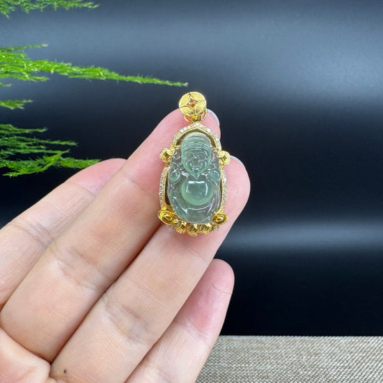 Burmese Icy Green Jadeite Jade Money Saint Pendant With 18K Yellow Gold  Diamonds Bail