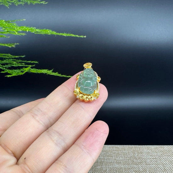 Burmese Icy Green Jadeite Jade Money Saint Pendant With 18K Yellow Gold  Diamonds Bail