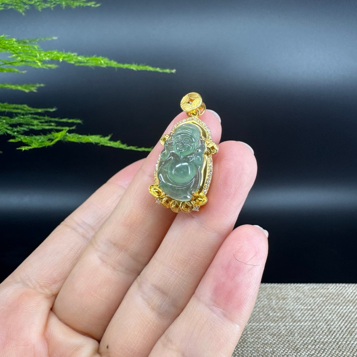 Burmese Icy Green Jadeite Jade Money Saint Pendant With 18K Yellow Gold  Diamonds Bail
