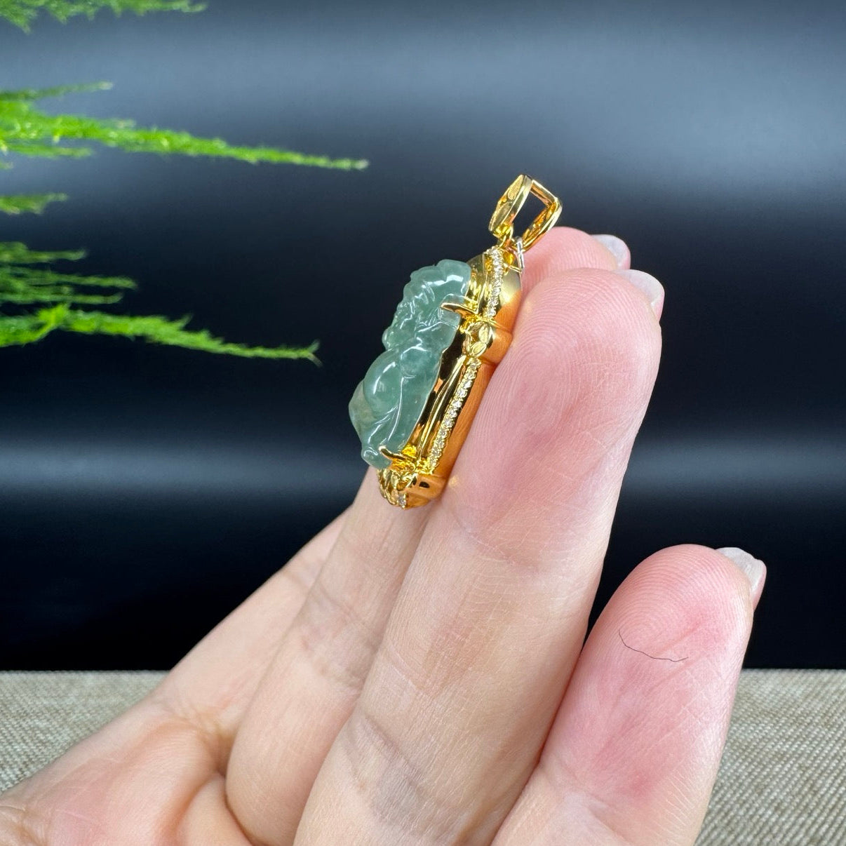 Burmese Icy Green Jadeite Jade Money Saint Pendant With 18K Yellow Gold  Diamonds Bail