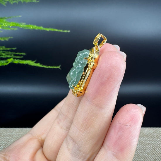 Burmese Icy Green Jadeite Jade Money Saint Pendant With 18K Yellow Gold  Diamonds Bail