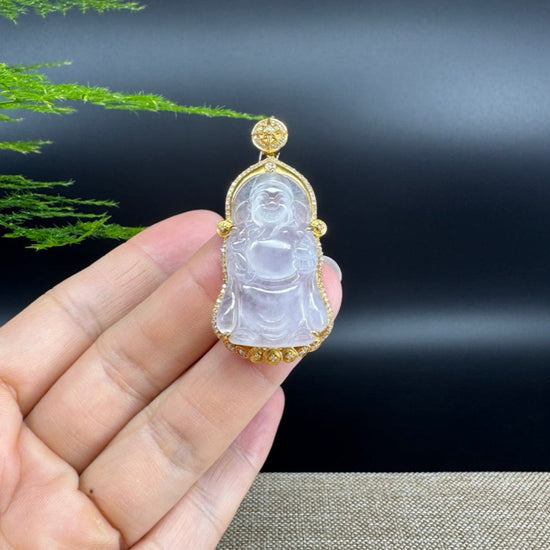 High-end 18K Yellow Gold Burmese Icy Jadeite Jade Money Saint Pendant with Diamonds