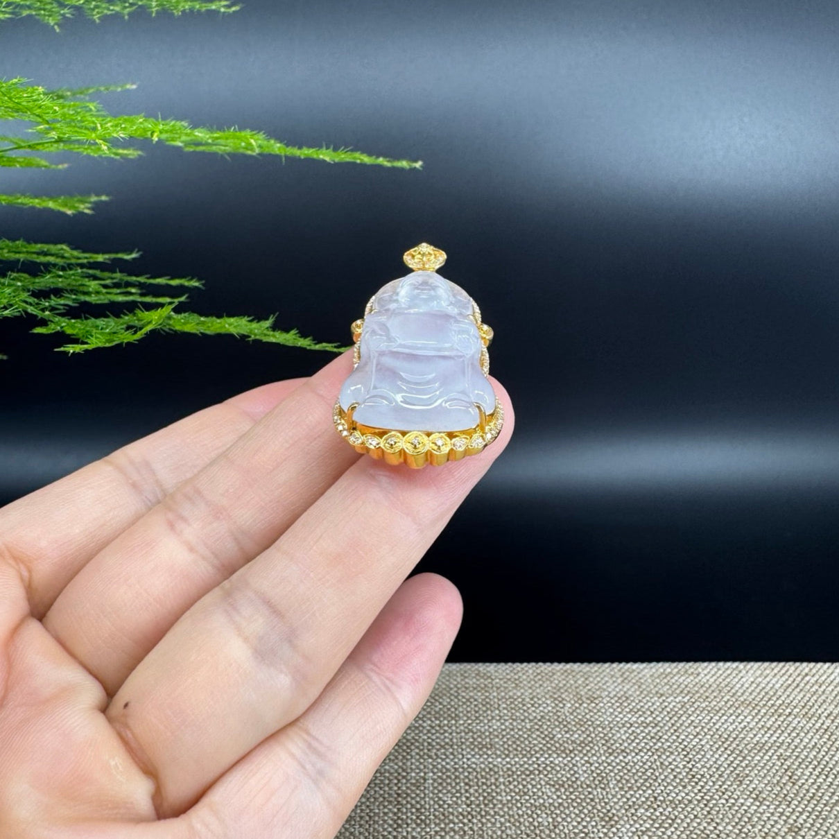 High-end 18K Yellow Gold Burmese Icy Jadeite Jade Money Saint Pendant with Diamonds