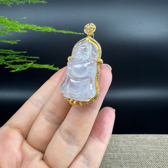 High-end 18K Yellow Gold Burmese Icy Jadeite Jade Money Saint Pendant with Diamonds