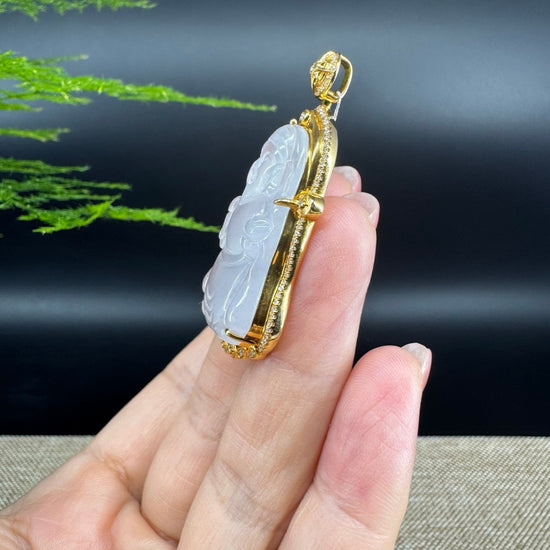 High-end 18K Yellow Gold Burmese Icy Jadeite Jade Money Saint Pendant with Diamonds