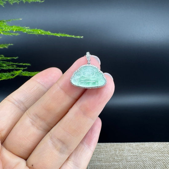 RealJade® Co. High-end 18K White Gold Genuine Burmese Ice Green Jadeite Jade Buddha Pendant with Diamonds High Jewelry