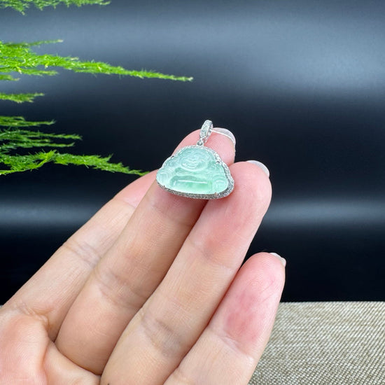 RealJade® Co. High-end 18K White Gold Genuine Burmese Ice Green Jadeite Jade Buddha Pendant with Diamonds High Jewelry