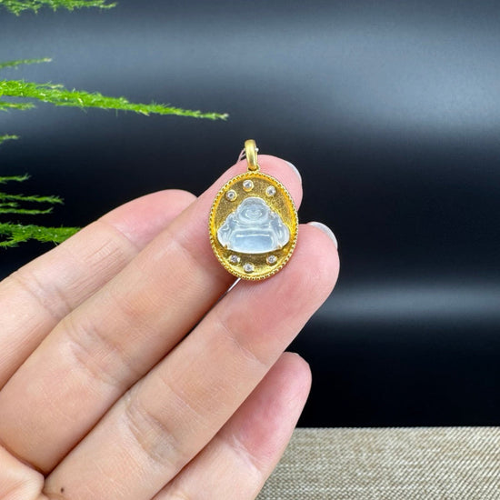 RealJade® Co. 18K Yellow Gold Genuine Burmese Ice Jadeite Buddha Pendant with Diamonds