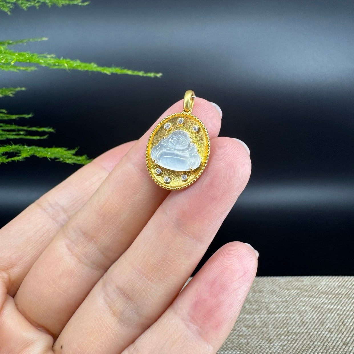 RealJade® Co. 18K Yellow Gold Genuine Burmese Ice Jadeite Buddha Pendant with Diamonds