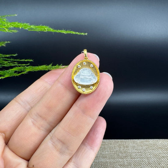 RealJade® Co. 18K Yellow Gold Genuine Burmese Ice Jadeite Buddha Pendant with Diamonds