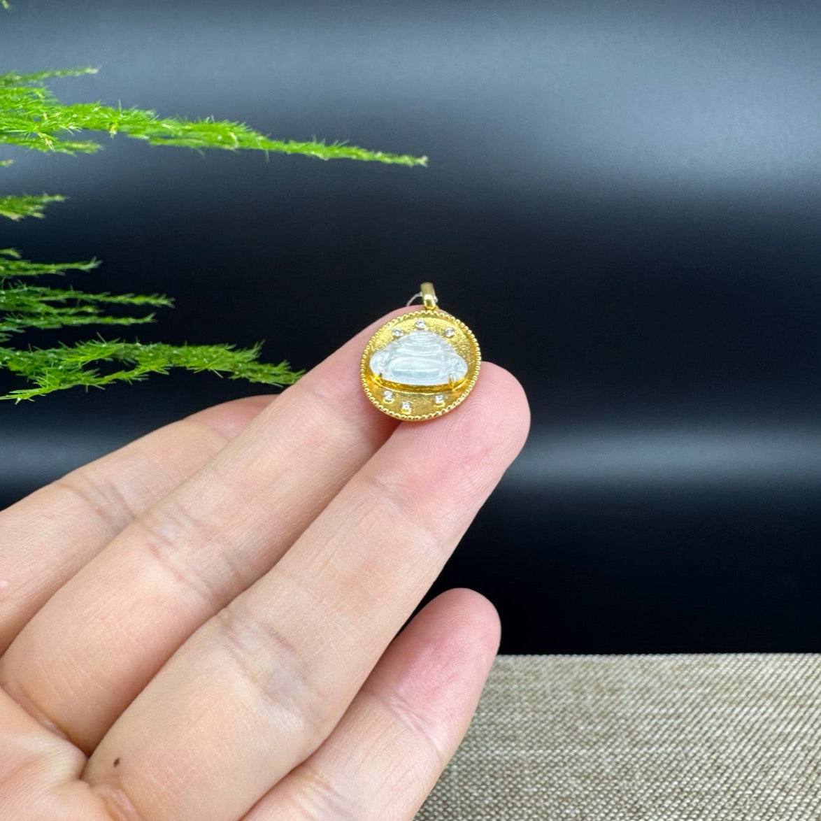 RealJade® Co. 18K Yellow Gold Genuine Burmese Ice Jadeite Buddha Pendant with Diamonds