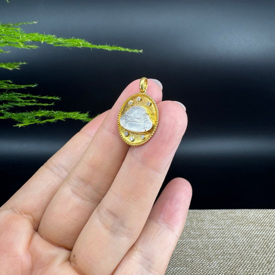 RealJade® Co. 18K Yellow Gold Genuine Burmese Ice Jadeite Buddha Pendant with Diamonds