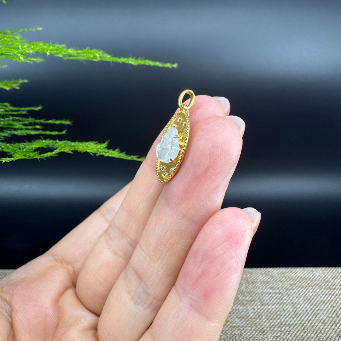 RealJade® Co. 18K Yellow Gold Genuine Burmese Ice Jadeite Buddha Pendant with Diamonds