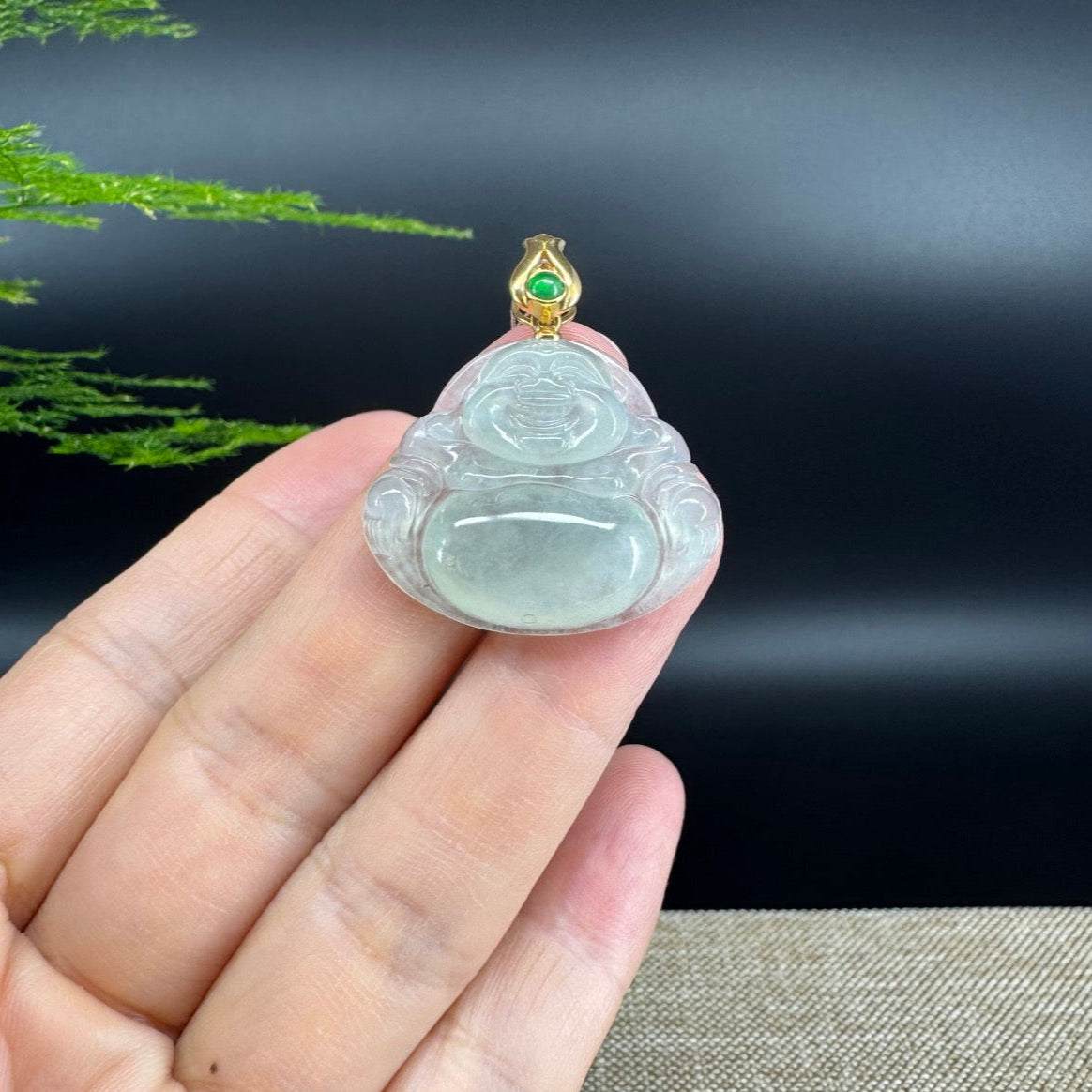 18K Yellow Gold Burmese Icy Green Jadeite Jade Happy Buddha Pendant