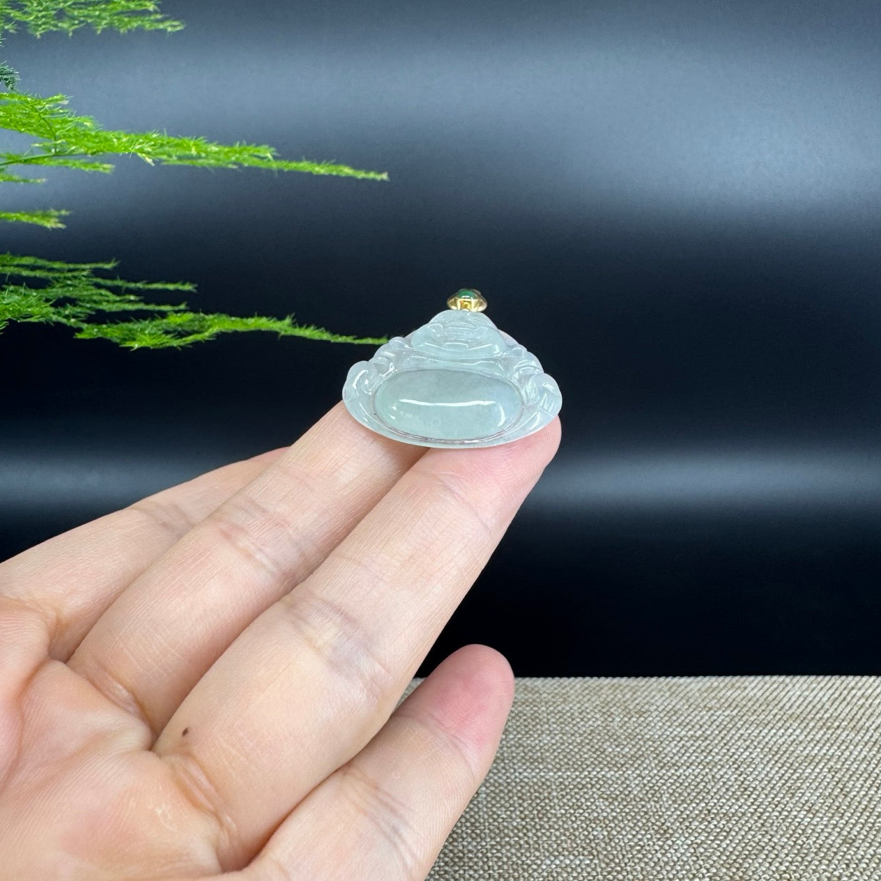 18K Yellow Gold Burmese Icy Green Jadeite Jade Happy Buddha Pendant