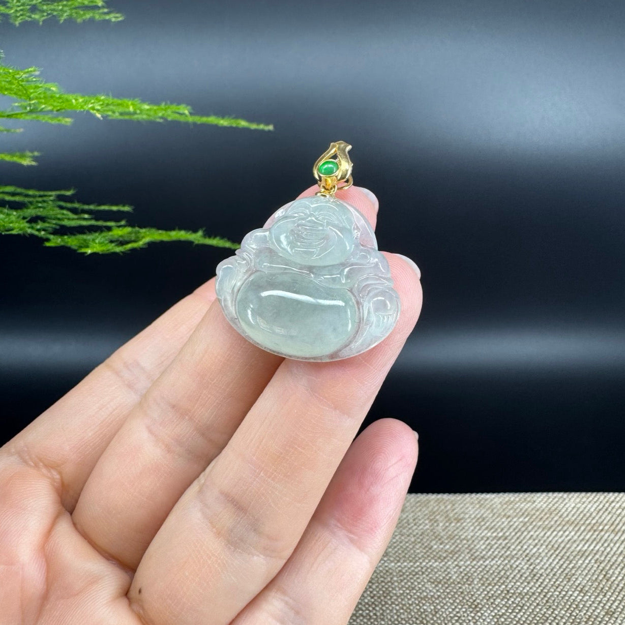 18K Yellow Gold Burmese Icy Green Jadeite Jade Happy Buddha Pendant