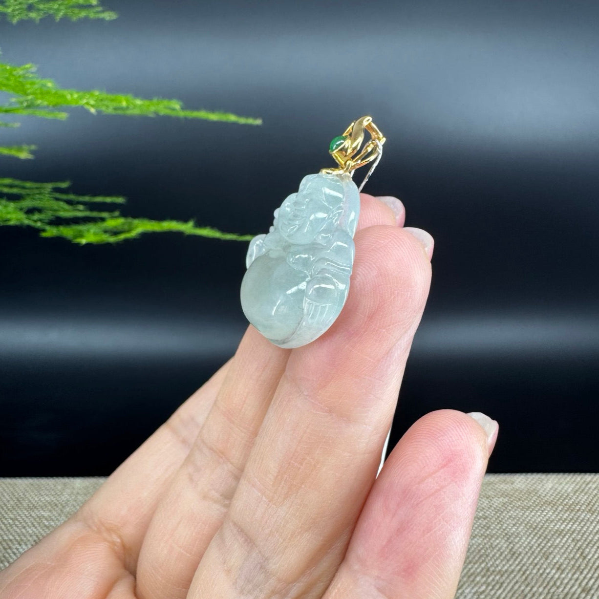 18K Yellow Gold Burmese Icy Green Jadeite Jade Happy Buddha Pendant