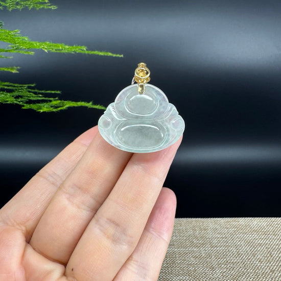 18K Yellow Gold Burmese Icy Green Jadeite Jade Happy Buddha Pendant