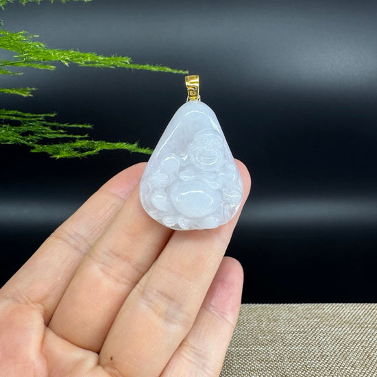 18K Yellow Gold Burmese White Jadeite Jade Happy Buddha Pendant
