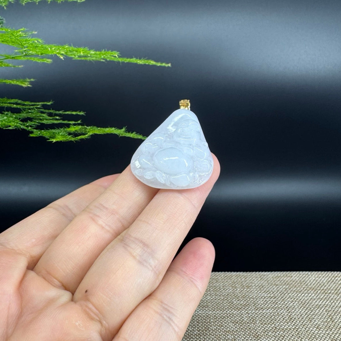 18K Yellow Gold Burmese White Jadeite Jade Happy Buddha Pendant
