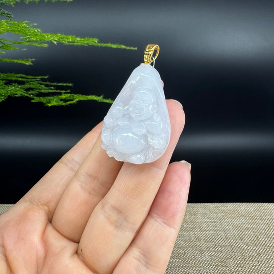 18K Yellow Gold Burmese White Jadeite Jade Happy Buddha Pendant