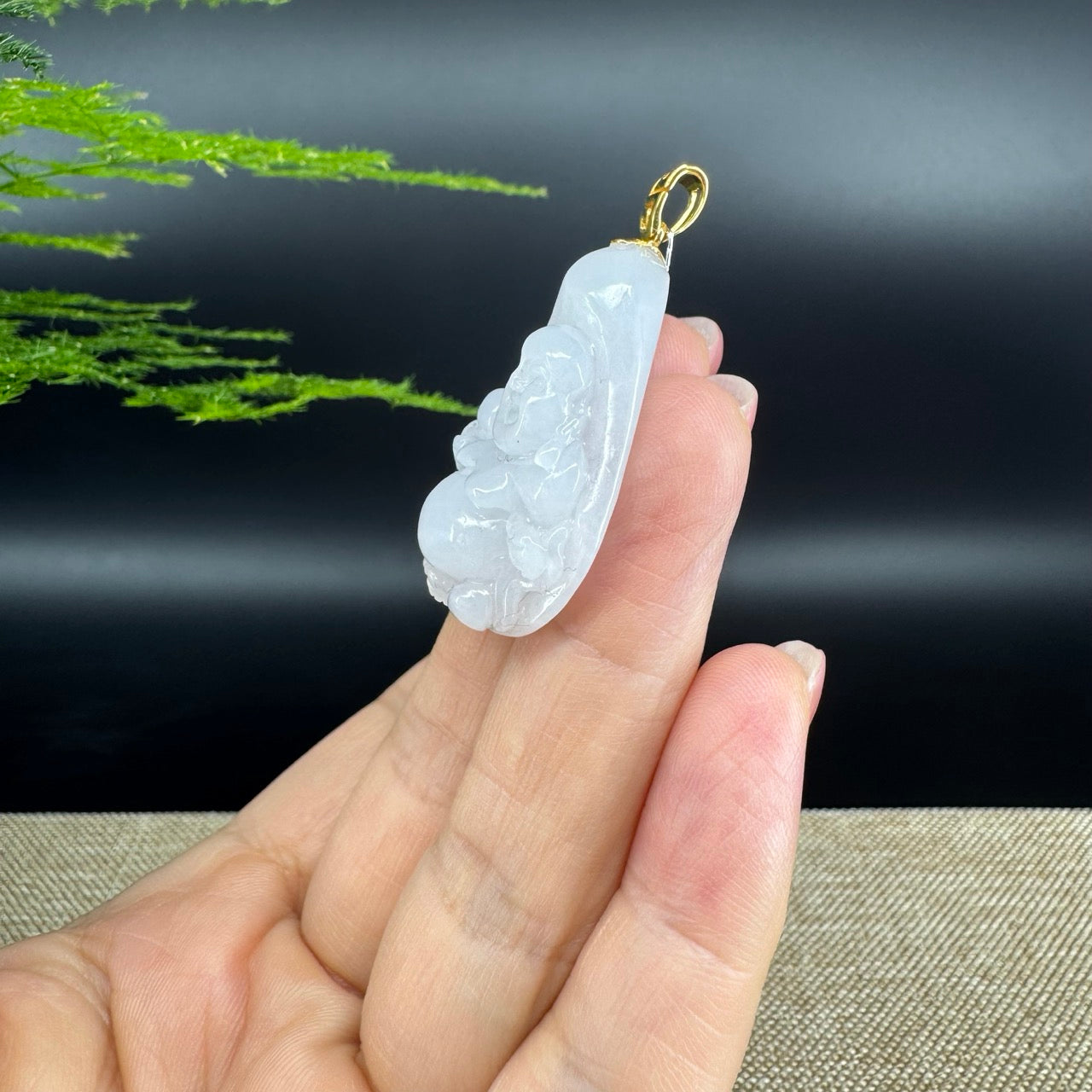 18K Yellow Gold Burmese White Jadeite Jade Happy Buddha Pendant