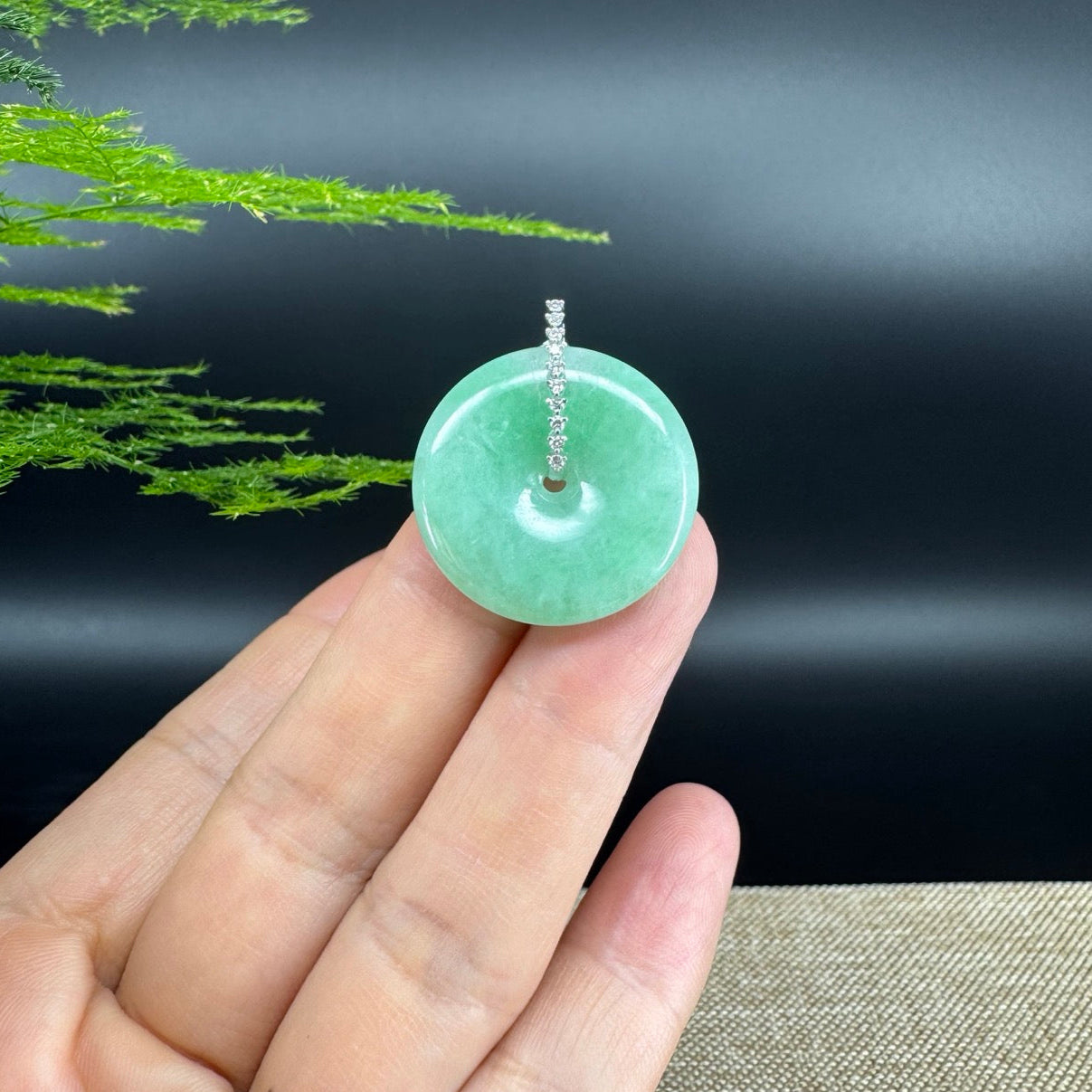 "Good Luck Button" Green Jadeite Jade Lucky KouKou Pendant With 18K White Gold Diamond Bail