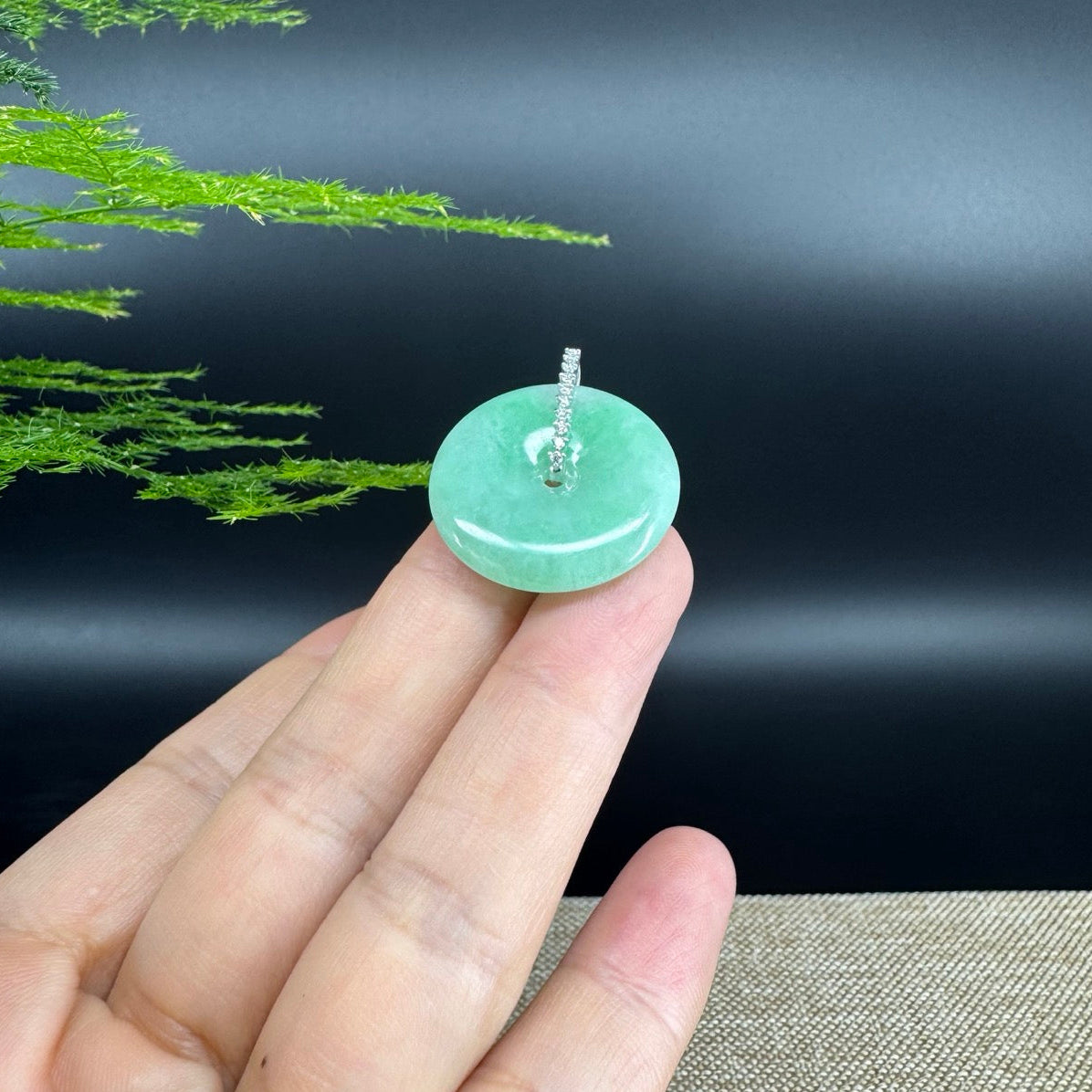 "Good Luck Button" Green Jadeite Jade Lucky KouKou Pendant With 18K White Gold Diamond Bail