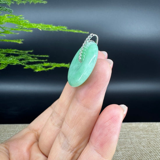 "Good Luck Button" Green Jadeite Jade Lucky KouKou Pendant With 18K White Gold Diamond Bail