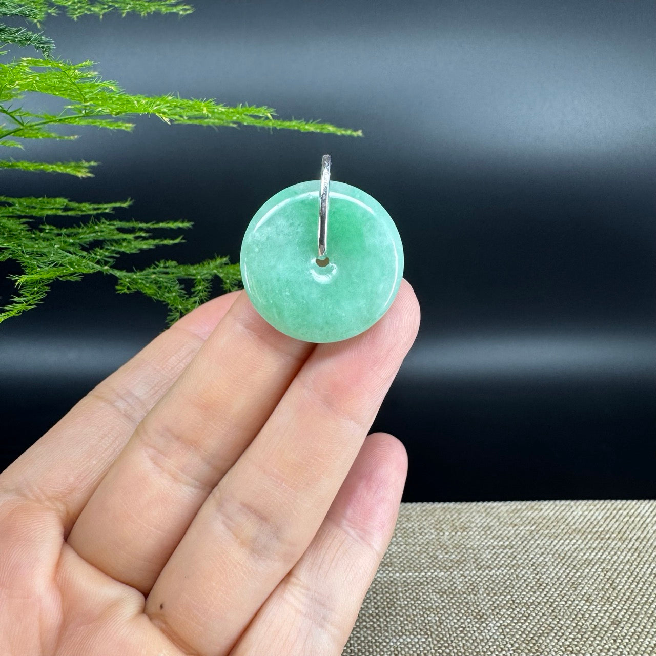 "Good Luck Button" Green Jadeite Jade Lucky KouKou Pendant With 18K White Gold Diamond Bail