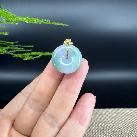 "Good Luck Button"Lavender Green Jadeite Jade Lucky KouKou Pendant With 18K Yellow Gold  Bail