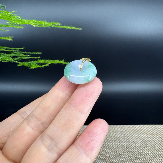 "Good Luck Button"Lavender Green Jadeite Jade Lucky KouKou Pendant With 18K Yellow Gold  Bail