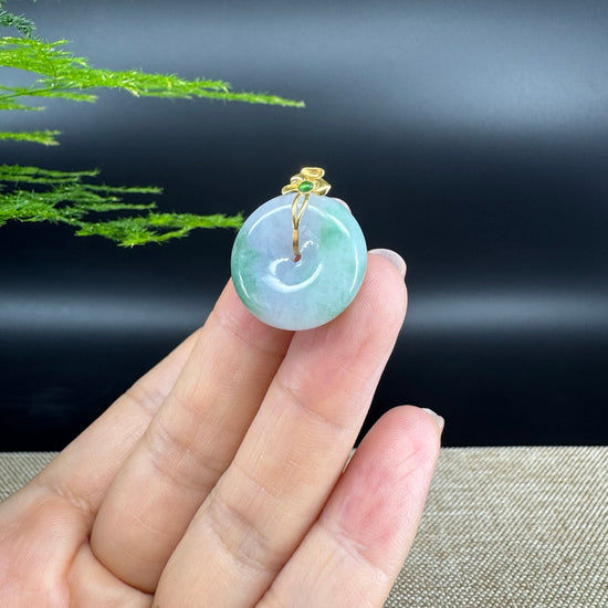 "Good Luck Button"Lavender Green Jadeite Jade Lucky KouKou Pendant With 18K Yellow Gold  Bail