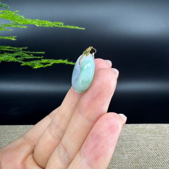"Good Luck Button"Lavender Green Jadeite Jade Lucky KouKou Pendant With 18K Yellow Gold  Bail