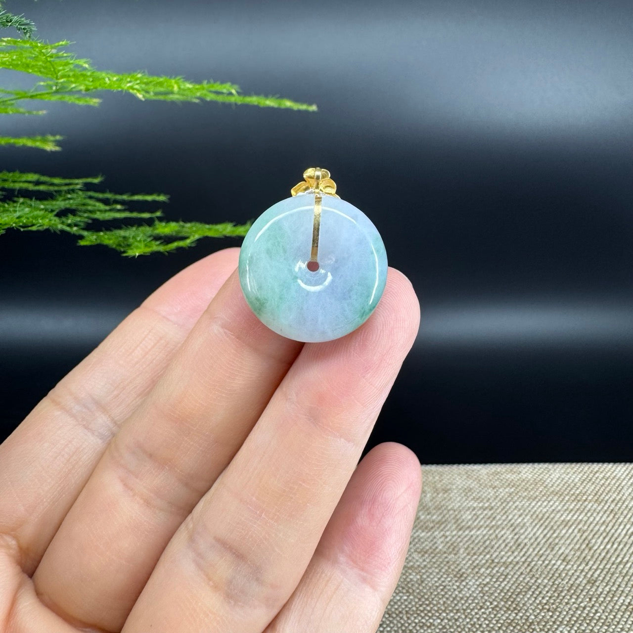 "Good Luck Button"Lavender Green Jadeite Jade Lucky KouKou Pendant With 18K Yellow Gold  Bail