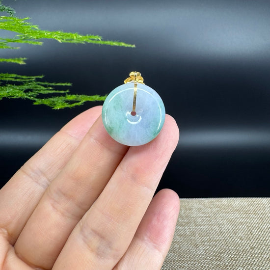 "Good Luck Button"Lavender Green Jadeite Jade Lucky KouKou Pendant With 18K Yellow Gold  Bail