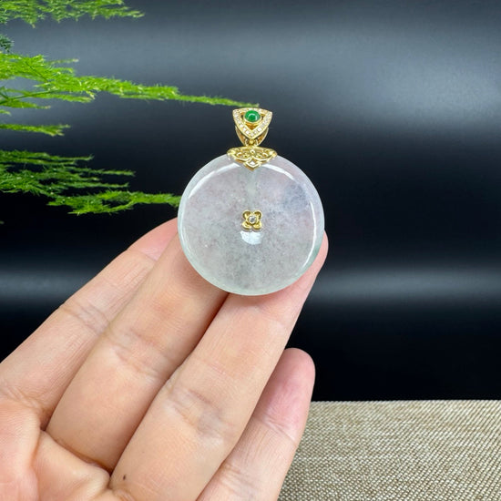 "Good Luck Button"Icy Green Jadeite Jade Lucky KouKou Pendant With 18K Yellow Gold Bail