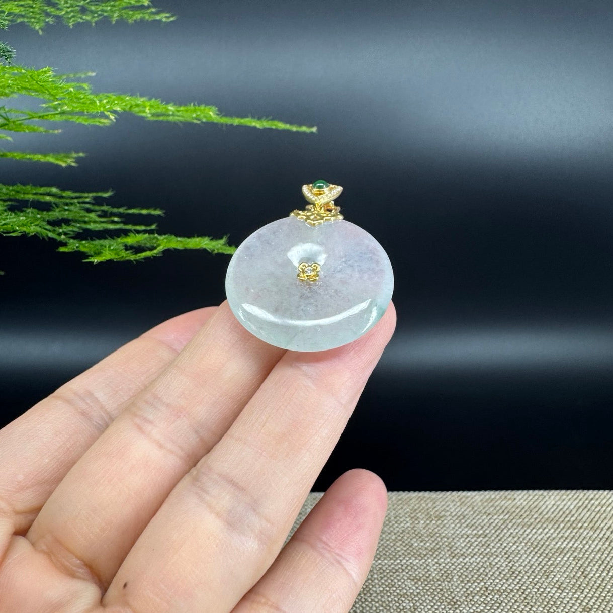 "Good Luck Button"Icy Green Jadeite Jade Lucky KouKou Pendant With 18K Yellow Gold Bail